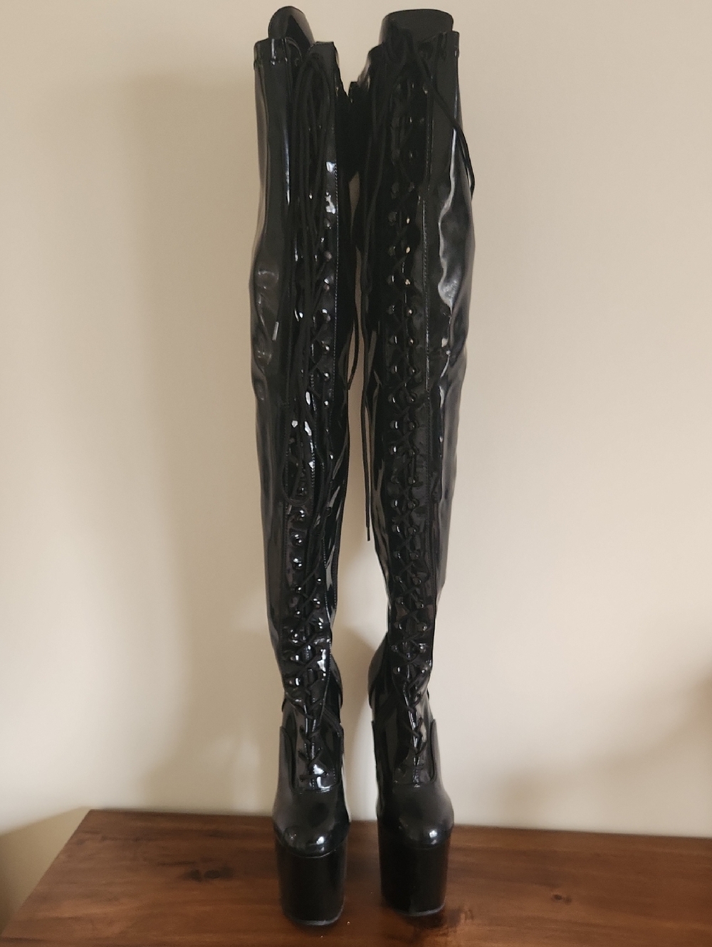 Pleaser Black Patent Over-the-Knee Lace-Up Platform Boots